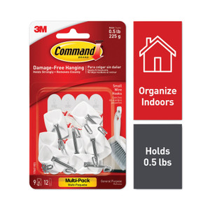 Command General Purpose Wire Hooks Multi-Pack, Small, Metal, White, 0.5 lb Capacity, 9 Hooks and 12 Strips/Pack (MMM170679ES) View Product Image