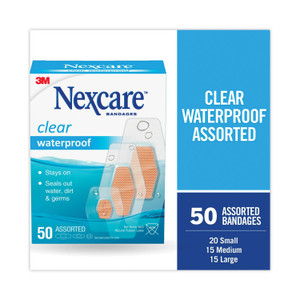 3M Nexcare Waterproof, Clear Bandages, Assorted Sizes, 50/Box (MMM43250) View Product Image