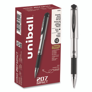 uniball 207 Impact Gel Pen, Stick, Bold 1 mm, Black Ink, Silver/Black Barrel