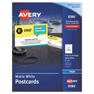 Avery Printable Postcards, Inkjet, 85 lb, 4 x 6, Matte White, 100 Cards, 2 Cards/Sheet, 50 Sheets/Box (AVE8386) View Product Image