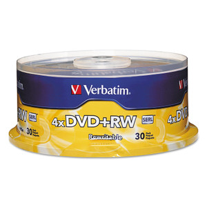 Verbatim DVD+RW Rewritable Disc, 4.7 GB, 4x, Spindle, Silver, 30/Pack (VER94834) View Product Image