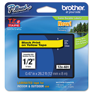 Brother P-Touch TZe Standard Adhesive Laminated Labeling Tape, 0.47" x 26.2 ft, Black on Yellow (BRTTZE631) View Product Image