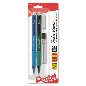 Pentel Twist-Erase EXPRESS Mechanical Pencils with Tube of Leads/Eraser, 0.5 mm, HB (#2), Black Lead, (2) Assorted Barrel Colors View Product Image