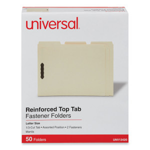 Universal Deluxe Reinforced Top Tab Fastener Folders, 0.75" Expansion, 2 Fasteners, Letter Size, Manila Exterior, 50/Box