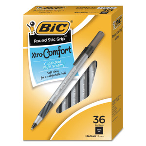 BIC Round Stic Grip Xtra Comfort Ballpoint Pen Value Pack, Easy-Glide, Stick, Medium 1.2mm, Black Ink, Gray/Black Barrel, 36/Pack