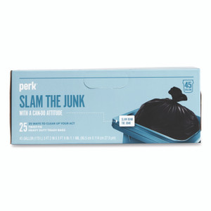 Perk Twist-Tie Heavy-Duty Trash Bags, Open-Face, 45 gal, 1.1 mil, 45" x 38", Black, 25/Box