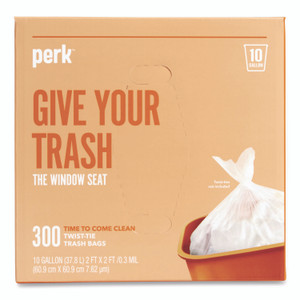 Perk Twist-Tie Light-Duty Can Liners, 10 gal, 0.36 mil, 24" x 24", Clear, Flat Pack, 300/Box