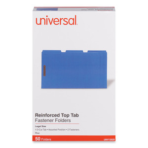 Universal Deluxe Reinforced Top Tab Fastener Folders, 0.75" Expansion, 2 Fasteners, Legal Size, Blue Exterior, 50/Box