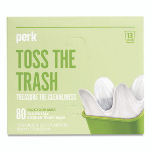 Perk Tab-Tie Tall Kitchen Trash Bags, Tie-Flap, 13 gal, 28" x 24", White, 80/Box