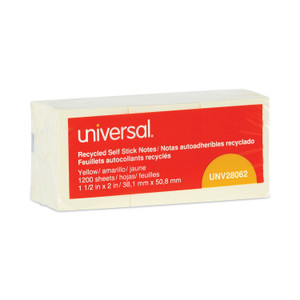 Universal Recycled Self-Stick Note Pads, 1.5" x 2", Yellow, 100 Sheets/Pad, 12 Pads/Pack (UNV28062) View Product Image
