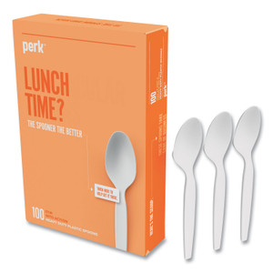 Perk Heavyweight Plastic Cutlery, Teaspoon, White, 100/Pack View Product Image