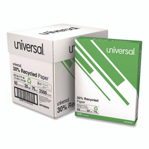 Universal 30% Recycled Copy Paper, 92 Bright, 20 lb Bond Weight, 8.5 x 11, White, 500 Sheets/Ream, 5 Reams/Carton