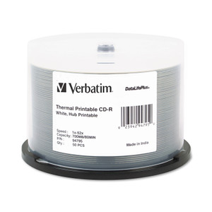 Verbatim CD-R DataLifePlus Printable Recordable Disc, 700 MB/80 min, 52x, Spindle, Hub Printable, White, 50/Pack