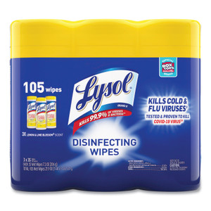 LYSOL Brand Disinfecting Wipes, 1-Ply, 7 x 7.25, Lemon and Lime Blossom, White, 35 Wipes/Canister, 3 Canisters/Pack