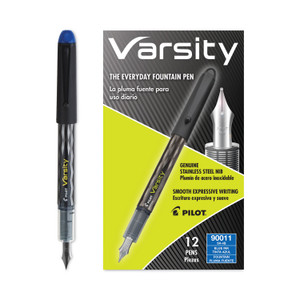 Pilot Varsity Fountain Pen, Medium 1 mm, Blue Ink, Clear/Black/Blue Barrel