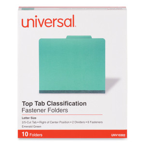 Universal Bright Colored Pressboard Classification Folders, 2" Expansion, 2 Dividers, 6 Fasteners, Letter Size, Emerald Green, 10/Box