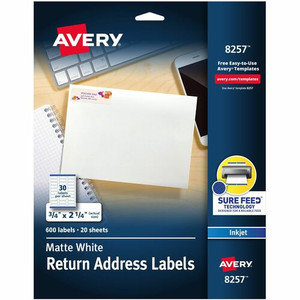 Avery Sure Feed White Return Address Labels - 3/4" Width x 2 1/4" Length - Permanent Adhesive - Rectangle - Inkjet - Matte