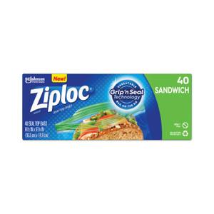 Ziploc Resealable Sandwich Bags, 1.2 mil, 6.5" x 5.88", Clear, 40/Box (SJN315882BX) View Product Image