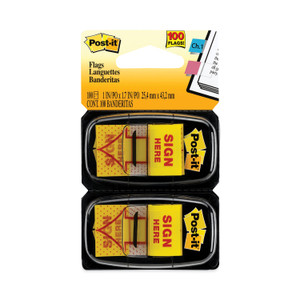 Post-it Flags Arrow Message 1" Page Flags, "Sign Here", Yellow, 50 Flags/Dispenser, 2 Dispensers/Pack