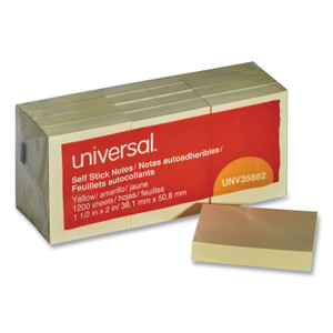 Universal Self-Stick Note Pads, 1.5" x 2", Yellow, 100 Sheets/Pad, 12 Pads/Pack (UNV35662) View Product Image
