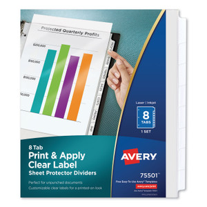Avery Print and Apply Index Maker Clear Label Sheet Protector Dividers with White Tabs, 8-Tab, 11 x 8.5, Clear, 1 Set