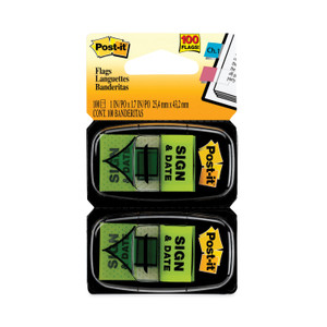 Post-it Flags Arrow Message 1" Page Flags, "Sign and Date", Green, 50 Flags/Dispenser, 2 Dispensers/Pack