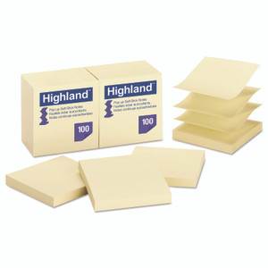 Highland Self-Stick Pop-up Notes, 3" x 3", Yellow, 100 Sheets/Pad, 12 Pads/Pack