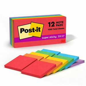 Post-it Super Sticky Notes - Playful Primaries Color Collection - 1080 - 3" Flag/Note Width x 3" Flag/Note Length - Square - 90 Sheets per Pad