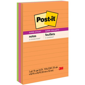 Post-it Super Sticky Notes - Energy Boost Color Collection - 270 x Assorted - 4" Flag/Note Width x 6" Flag/Note Length - Rectangle - 90 Sheets per Pad