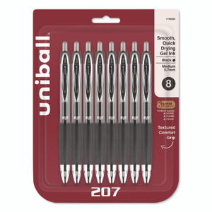 uniball Signo 207 Gel Pen, Retractable, Medium 0.7 mm, Black Ink, Clear/Black Barrel, 8/Pack