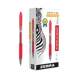 Zebra Sarasa Dry Gel X20 Gel Pen, Retractable, Medium 0.7 mm, Red Ink, Clear/Red Barrel, 12/Pack