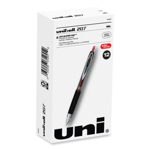 uniball Signo 207 Gel Pen, Retractable, Fine 0.5 mm, Red Ink, Smoke/Black/Red Barrel, Dozen