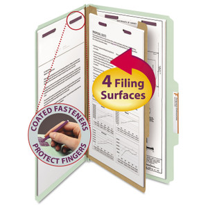 Smead Pressboard Classification Folders, Four SafeSHIELD Fasteners, 2/5-Cut Tabs, 1 Divider, Legal Size, Gray-Green, 10/Box