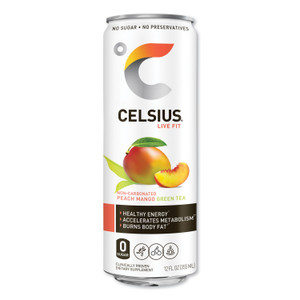 Celsius Live Fit Fitness Drink, Peach Mango Green Tea, 12 oz Can, 12/Carton View Product Image