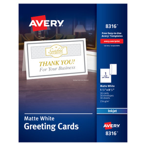 Avery Half-Fold Greeting Cards with Matching Envelopes, Inkjet, 85 lb, 5.5 x 8.5, Matte White, 1 Card/Sheet, 30 Sheets/Box (AVE8316) View Product Image