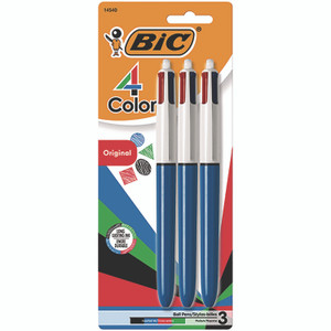 BIC 4-Color Ballpoint Pen, Retractable, Medium 1 mm, Black/Blue/Green/Red Ink Colors, Randomly Assorted Barrel Colors, 3/PK