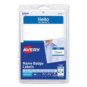 Avery Printable Adhesive Name Badges, 3.38 x 2.33, Blue "Hello", 100/Pack