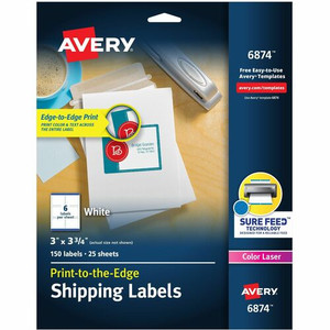 Avery Shipping Labels, Sure Feed, 3" x 3-3/4" , 150 Labels (6874) - 3" Width x 3 3/4" Length - Permanent Adhesive - Rectangle - Inkjet, Laser - Matte