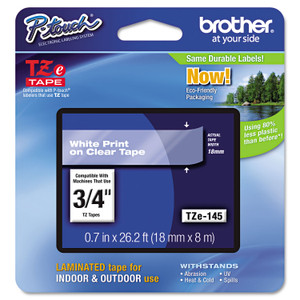 Brother P-Touch TZe Standard Adhesive Laminated Labeling Tape, 0.7" x 26.2 ft, White on Clear Brother P-Touch TZe Standard Adhesive Laminated Labeling Tape, 0.7" x 26.2 ft, White on Clear