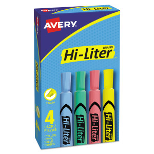 Avery HI-LITER Desk-Style Highlighters, Assorted Ink Colors, Chisel Tip, Assorted Barrel Colors, 4/Set AVE17752