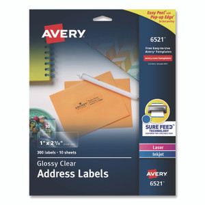 Avery Glossy Clear Easy Peel Mailing Labels w/ Sure Feed Technology, Inkjet/Laser Printers, 1 x 2.63, 30/Sheet, 10 Sheets/Pack