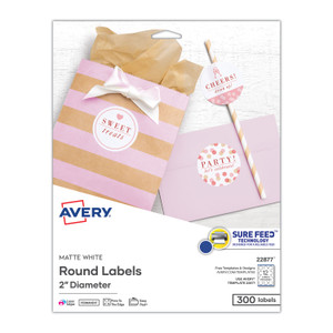Avery Round Print-to-the Edge Labels with SureFeed and EasyPeel, 2" dia, Matte White, 300/Pack (AVE22877) View Product Image