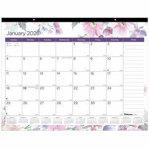 Blueline Passion Floral Desk Pad Calendar - Julian Dates - Monthly - 12 Month - January 2026 to December 2026 - 1 Month Single Page Layout