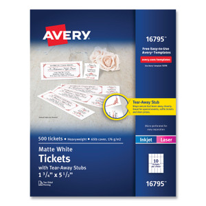 Avery Printable Tickets with Tear-Away Stubs, 97 Bright, 65 lb Cover Weight, 8.5 x 11, White, 10 Tickets/Sheet, 50 Sheets/Pack