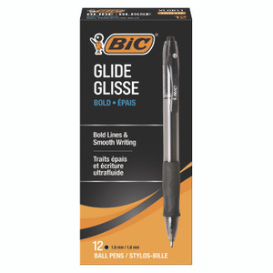 BIC GLIDE Bold Ballpoint Pen, Retractable, Bold 1.6 mm, Black Ink, Smoke Barrel, Dozen