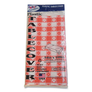 Tablemate Table Set Rectangular Table Covers, Heavyweight Plastic, 54" x 108", Plaid Red/White, 6/Pack