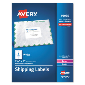 Avery White Shipping Labels-Bulk Packs, Inkjet/Laser Printers, 3.5 x 5, White, 4/Sheet, 250 Sheets/Box (AVE95935) View Product Image