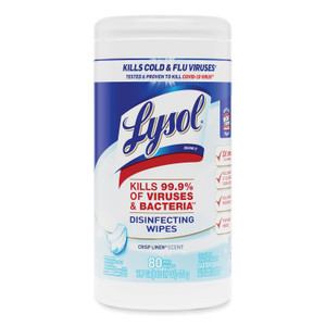 LYSOL Brand Disinfecting Wipes, 1-Ply, 7 x 7.25, Crisp Linen, White, 80 Wipes/Canister (RAC89346) View Product Image