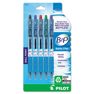 Pilot B2P Bottle-2-Pen Recycled Ballpoint Pen, Retractable, Medium 1 mm, Assorted Ink Colors, Translucent Blue Barrel, 5/Pack Pilot B2P Bottle-2-Pen Recycled Ballpoint Pen, Retractable, Medium 1 mm, Assorted Ink Colors, Translucent Blue Barrel, 5/Pack