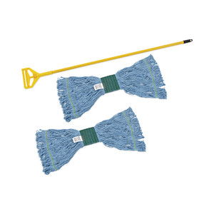 Boardwalk Looped End Mop Kit, Medium Blue Cotton/Rayon/Synthetic Head, 60" Yellow Metal/Polypropylene Handle (BWK400MBC) View Product Image